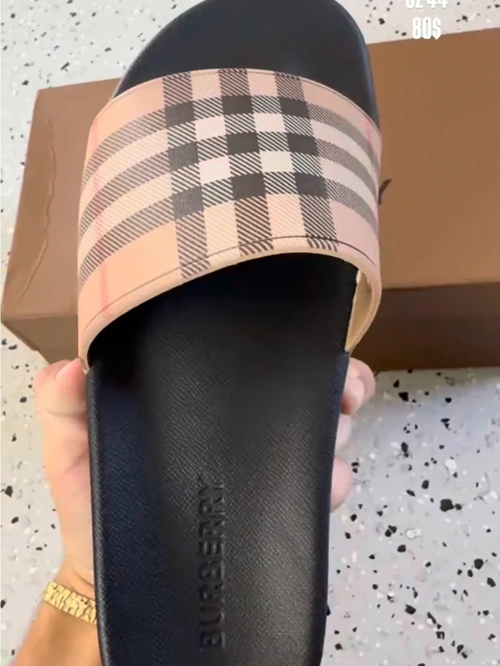 Burberry Black Slide Sandals with Beige Pink Vintage Check Strap